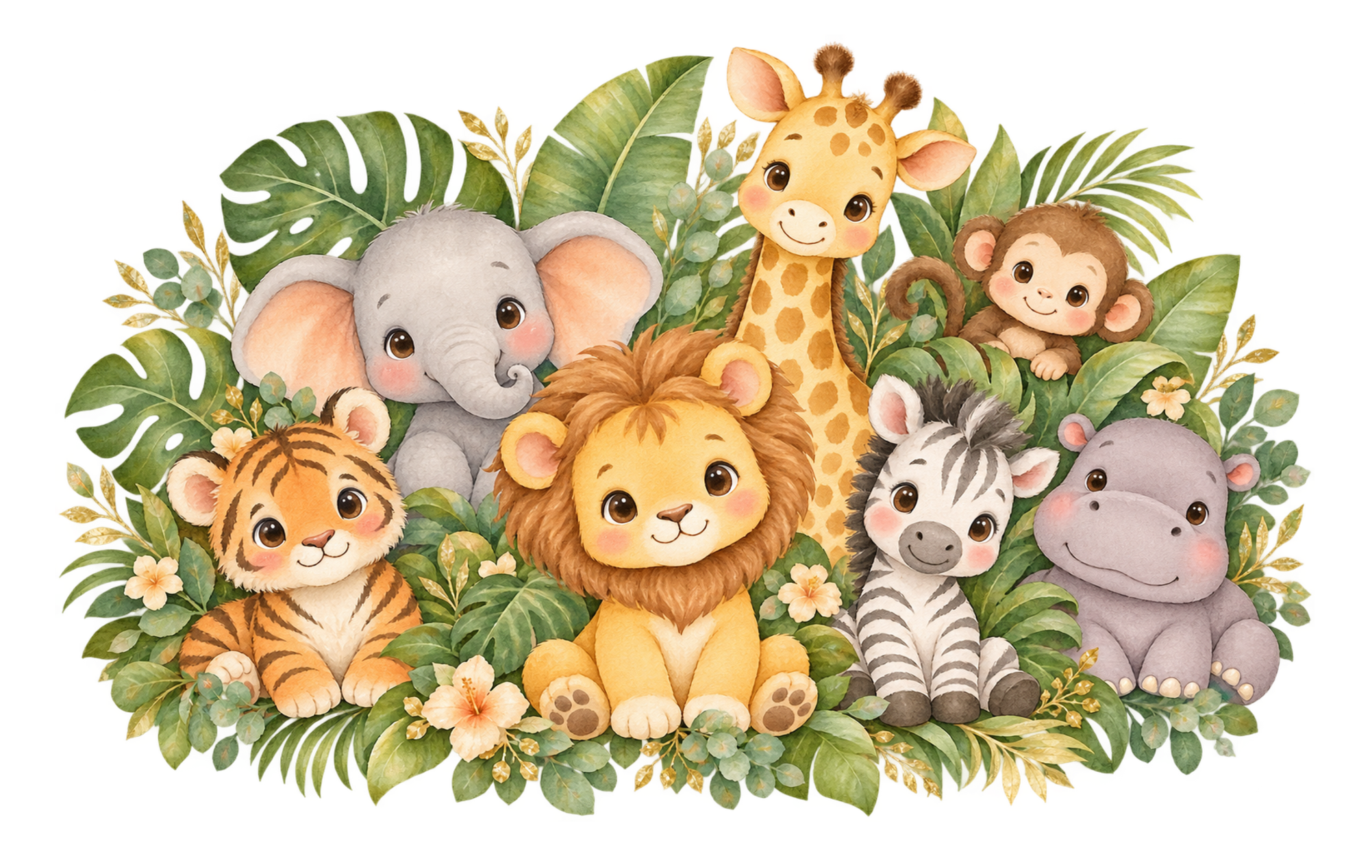 A lion cub, giraffe, elephant, monkey, tiger cub, zebra and hippo nestled in tropical leaves